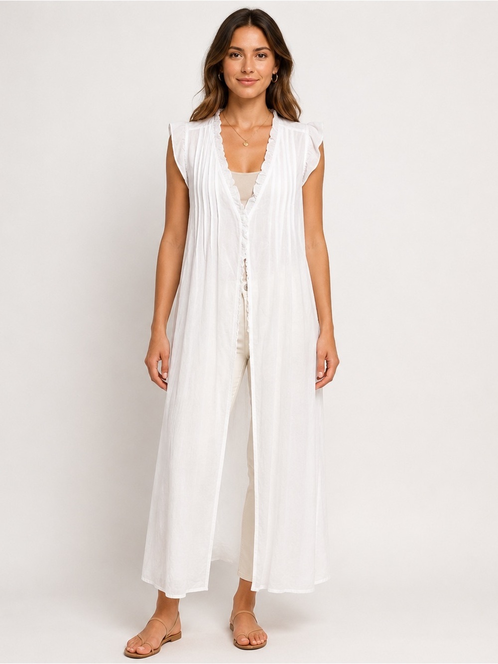 Anthropologie White Linen Maxi Tunic Dress Medium Boho Coastal Lagenlook Cottage
